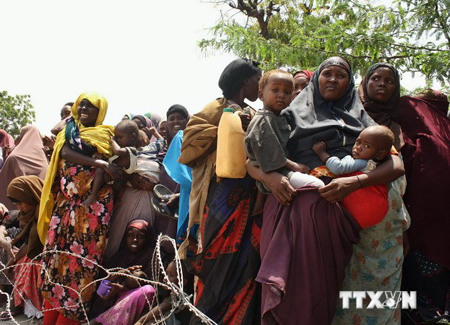 Người dân đến từ miền nam Somalia chờ nhận cứu trợ tại quận Howlwadag, thuộc Mogadishu.